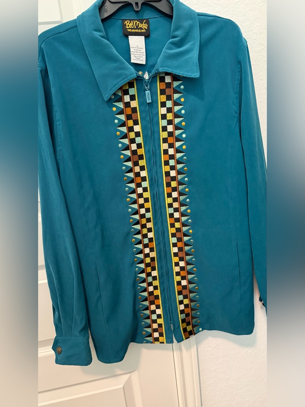 Bob Mackie Wearable Art Turquoise Geometric Full- Zip Jacket size L